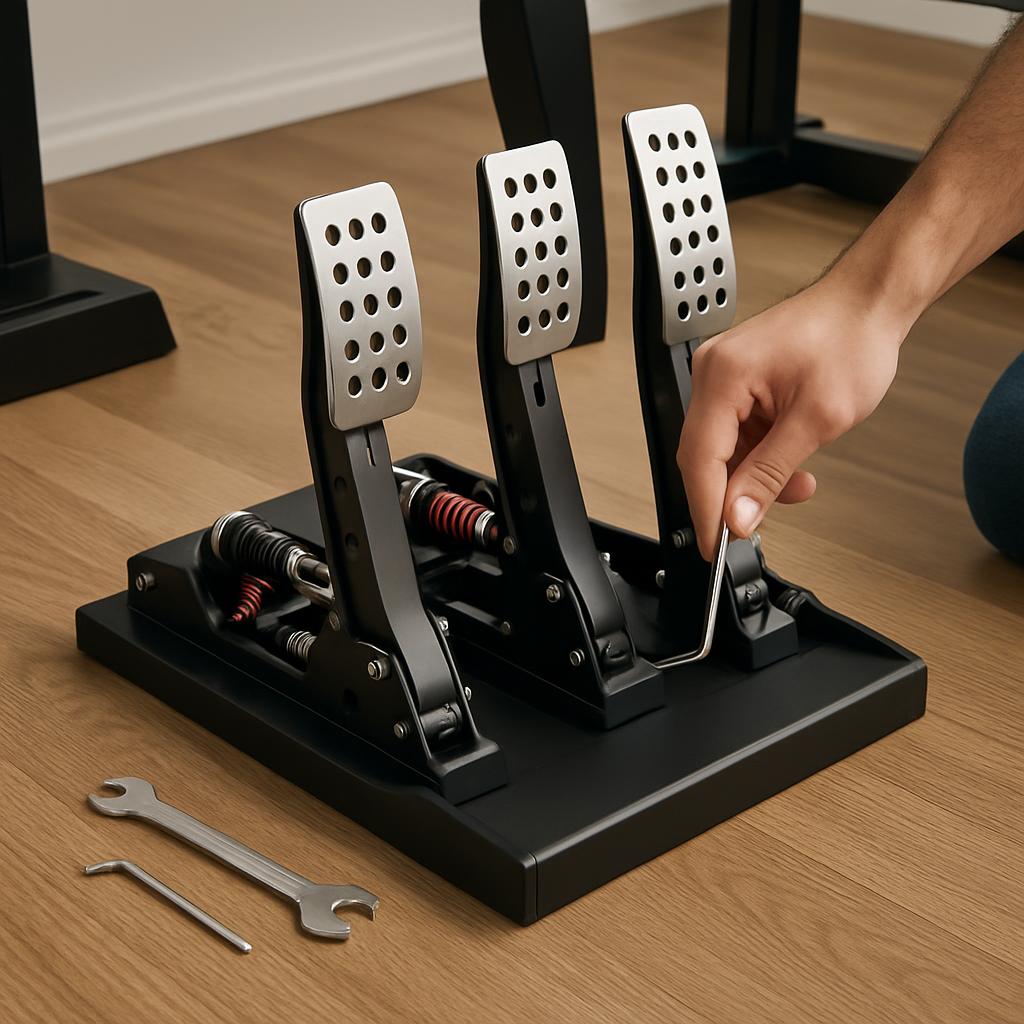 The image shows a metal tool laying next to a black and silver gaming pedal with metal pedals next to it. Some of the deta...