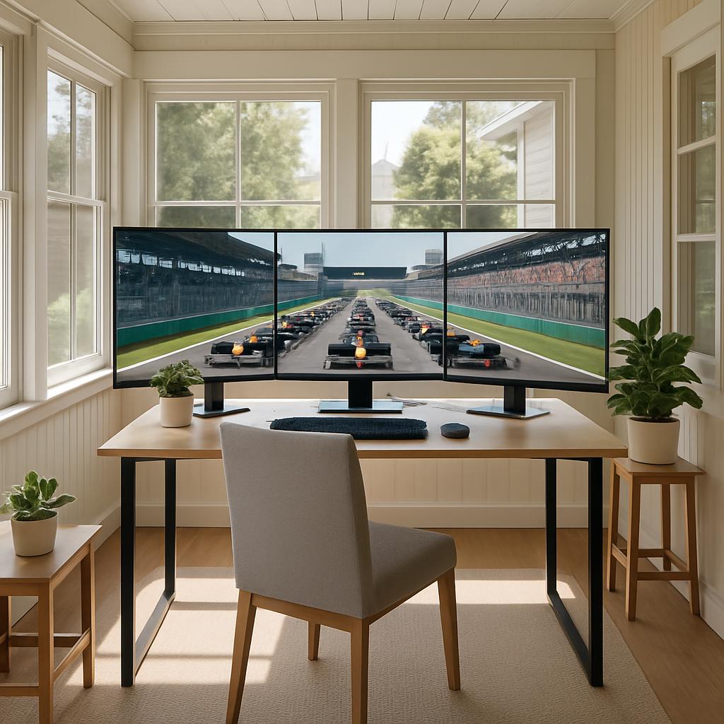 A computer monitor sitting atop a desk in front of a light grey office chair. The monitor shows a race car track simulatio...