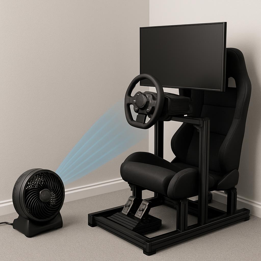 A Black racing simulator on a stand features a built-in black monitor, black chair, and pedals that connect to a computer ...