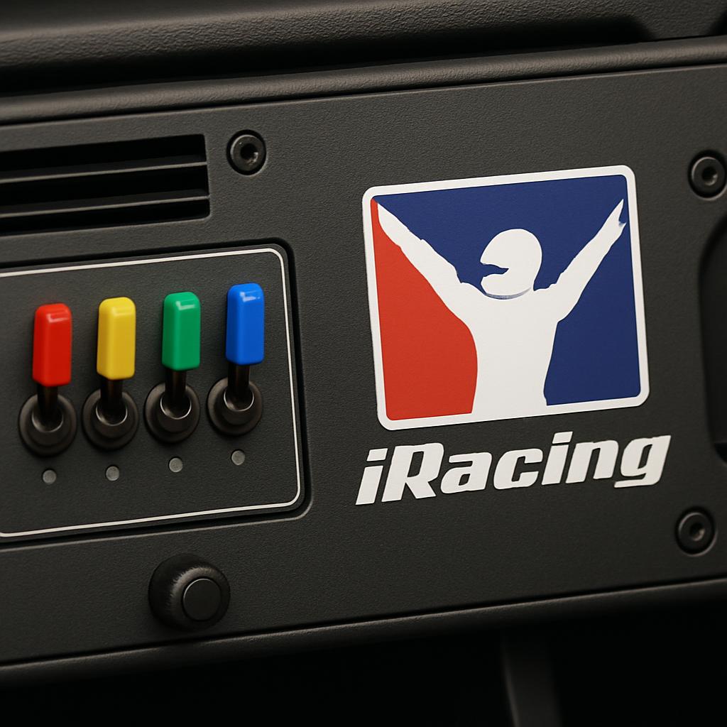 Logo for iRacing inclusive racing games white on black and red, blue, green, and yellow sticks on black with logo and cont...