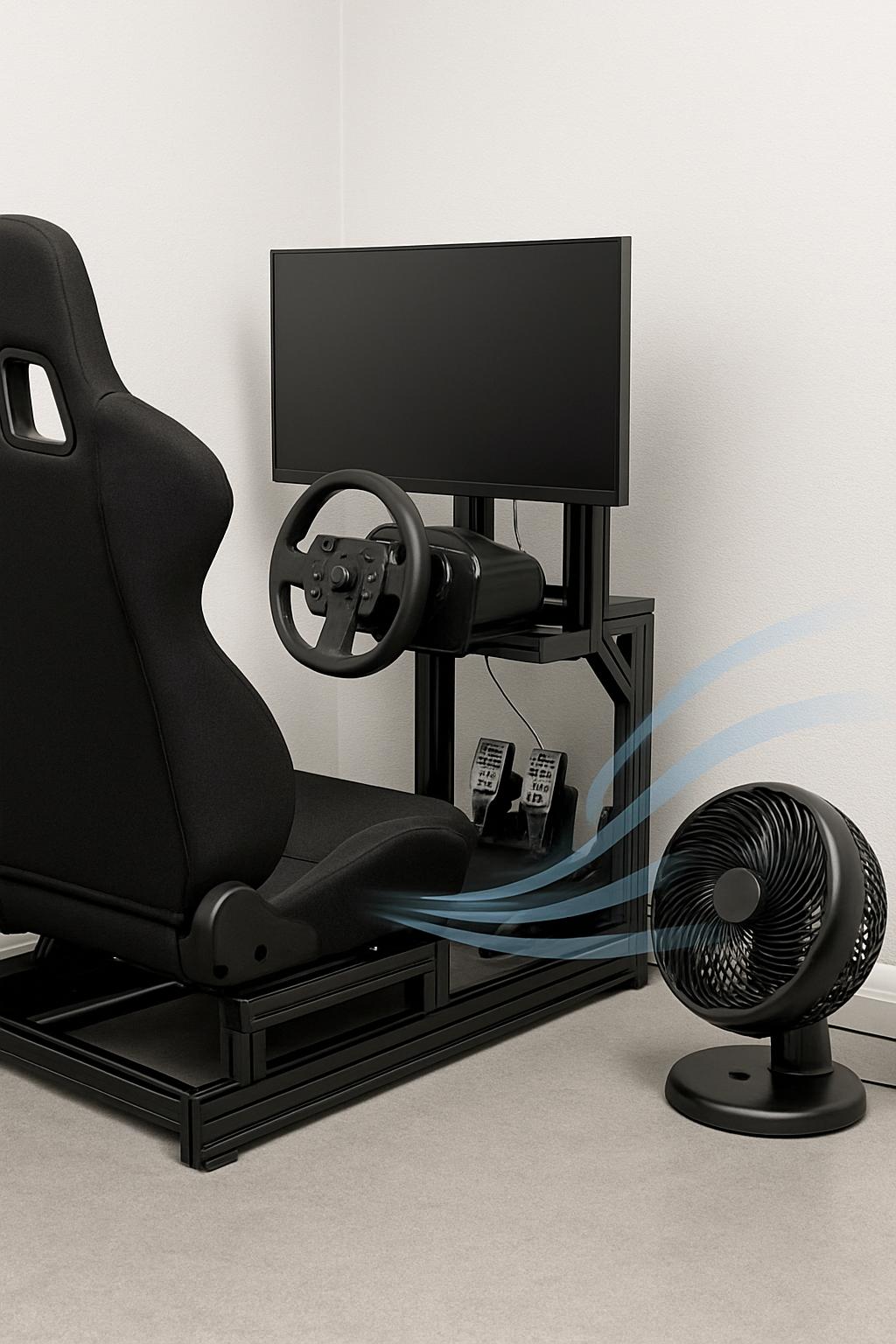 The image depicts a gaming setup, featuring a gaming chair, steering wheel, fan, and monitor, set against a white wall in ...
