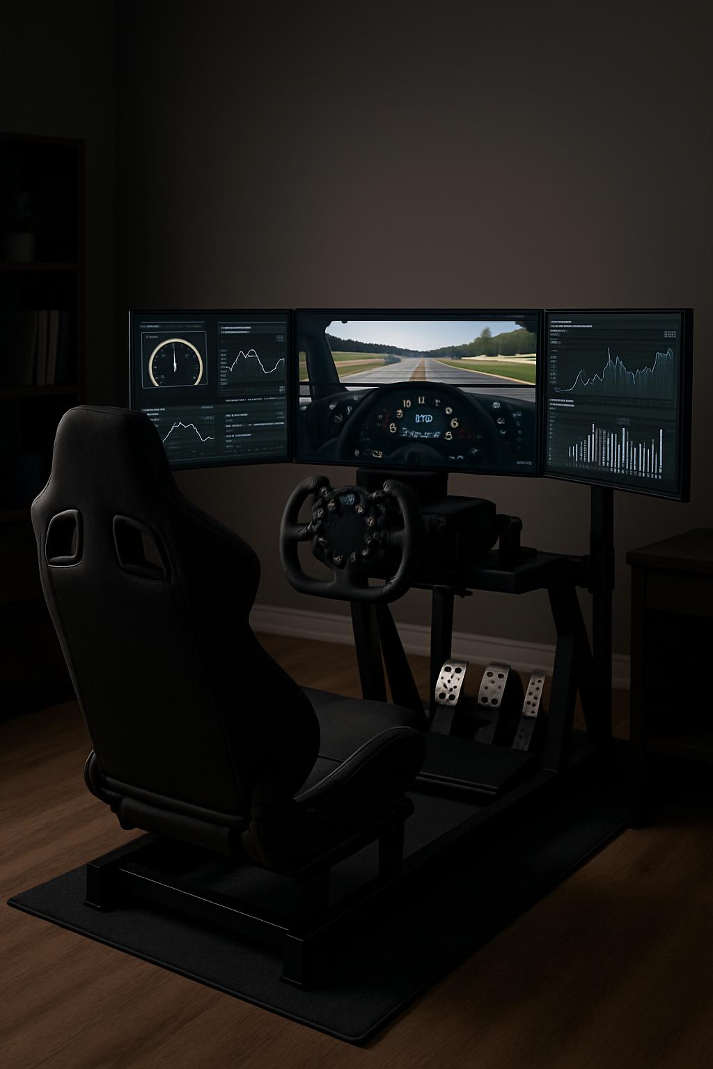 A person is operating a driving simulator, navigating through a track, and monitoring performance data on the screen.